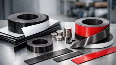 Různé typy magnetických samolepicích pásek na kovové ploše.