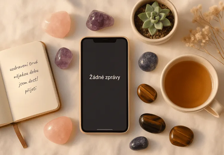 Telefon s textem žádné zprávy mezi krystaly a knihou o uzdravování.