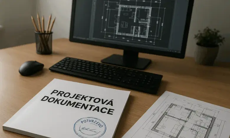 Projektová dokumentace na stole s počítačem a plány.