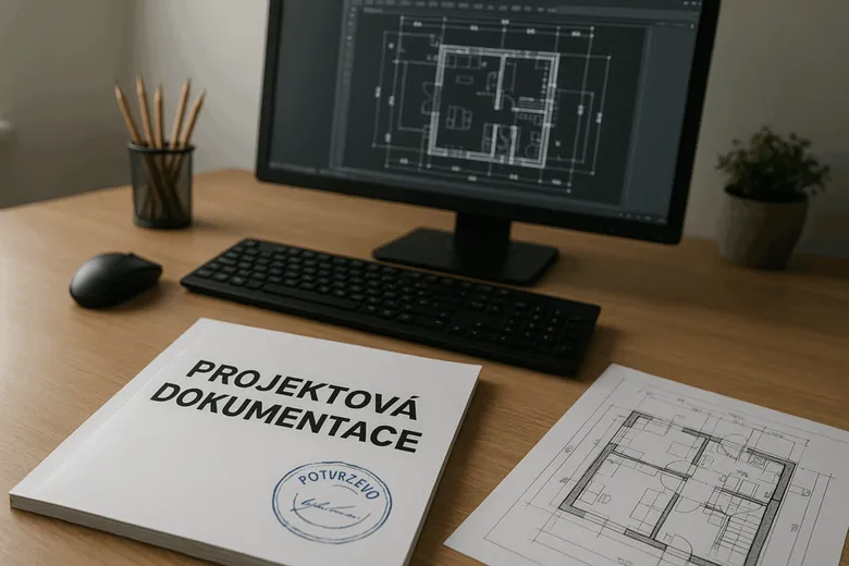 Projektová dokumentace na stole s počítačem a plány.