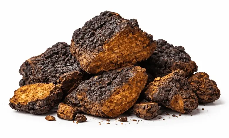 Kusy hřib Chaga s tmavou kůrou a hnědým vnitřkem.