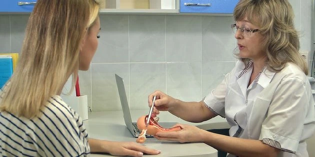 Lékařka vysvětluje pacientce stav vaječníků pomocí modelu.